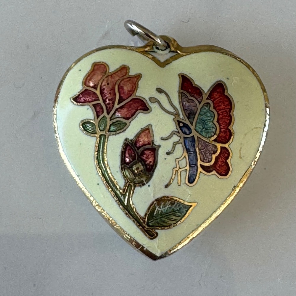 Vintage Cloisonne Enamel Heart Pendant Butterfly Flower Gold Tone Charm 1 Inch